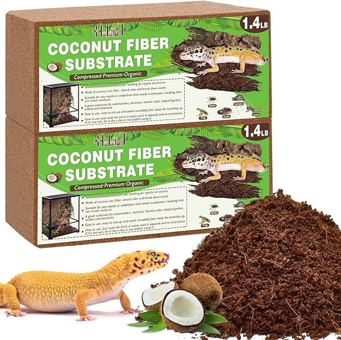 Halatool 2Pack Leopard Gecko Substrate Natural Coconut Fiber Substrate for Reptiles Premium Coco Husk Terrarium Bedding for Tortoise Habitat Snake Lizard Hermit Crab Tarantula Enclosure Worm Bin Frog