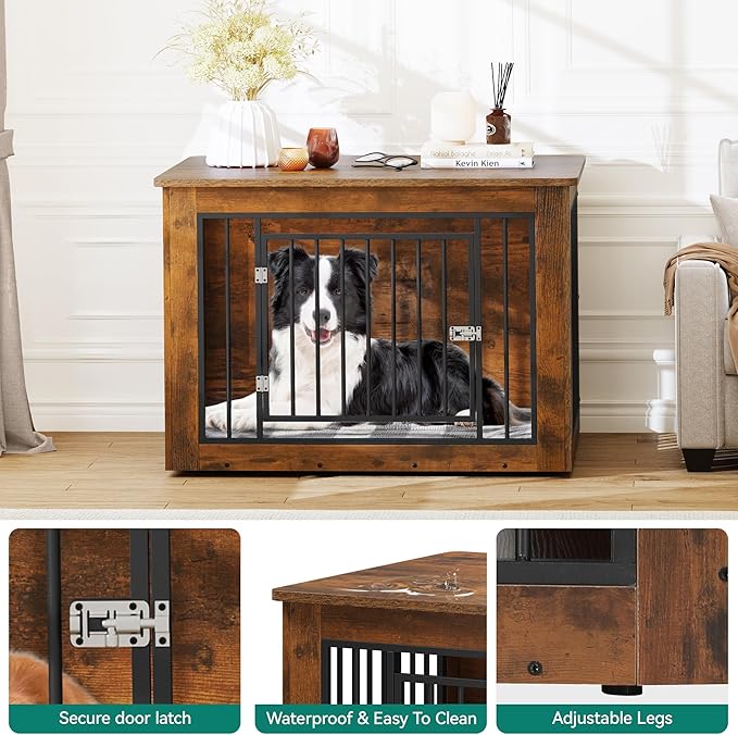YITAHOME Dog Crate Furniture for Large Dogs, Side End Table, Modern Dogs Kennel Indoor up to 60 lb, 2-in-1 Iron-Wood Fusion Dog Cage with Waterproof Top, Safety Corners, Steel Lock,38" L,Greige