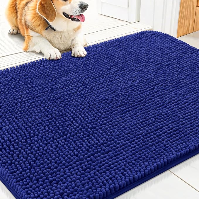 Smiry Dog Door Mat for Muddy Paws 30x20, Absorbs Moisture and Dirt Doormat, Non-Slip Washable Quick Dry Chenille Front Door Mat Indoor Entrance, Entryway Carpet for Inside Floor, Navy Blue