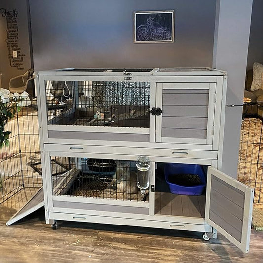 GUTINNEEN Bunny Hutch Indoor Rabbit Hutch Large Guinea Pig Cage with Wheel, Outdoor Rabbit Cage with Removable Bottom Wire Floor