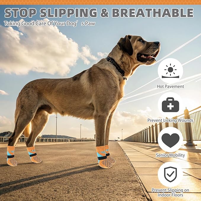 KOOLTAIL Dog Socks for Hot Pavement, Summer Breathable Dog Socks to Prevent Licking Paws, Non Slip Pet Boots&Paw Protectors for Hardwood Floor,Grippy Shoes for Small Medium Large Senior Dogs,Orange XL
