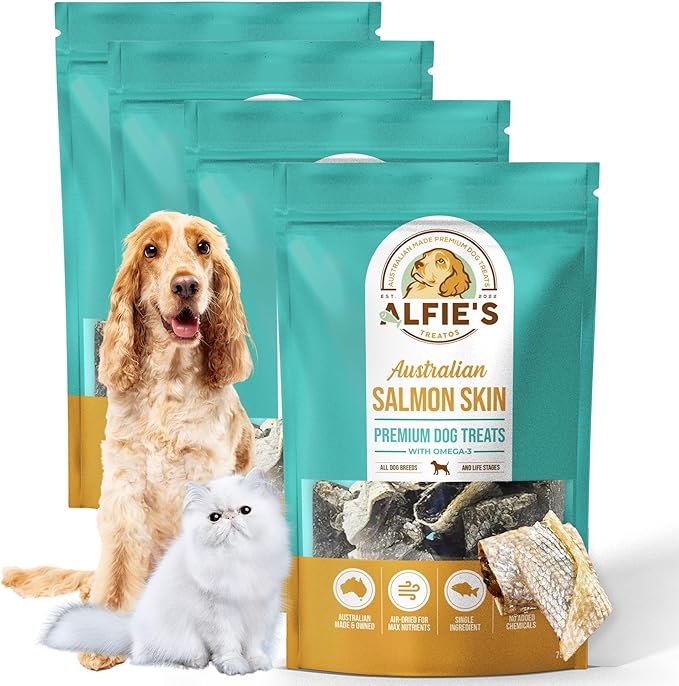 ALFIE'S TREATOS Salmon Skin Treats for Dogs & Cats (10.6 oz, 4x2.65 oz), Bulk Bundle, Air-Dried Fish Skin Dog Treats, Omega-3 Food Topper & Training, Single Ingredient, Freeze-Dried Alternative