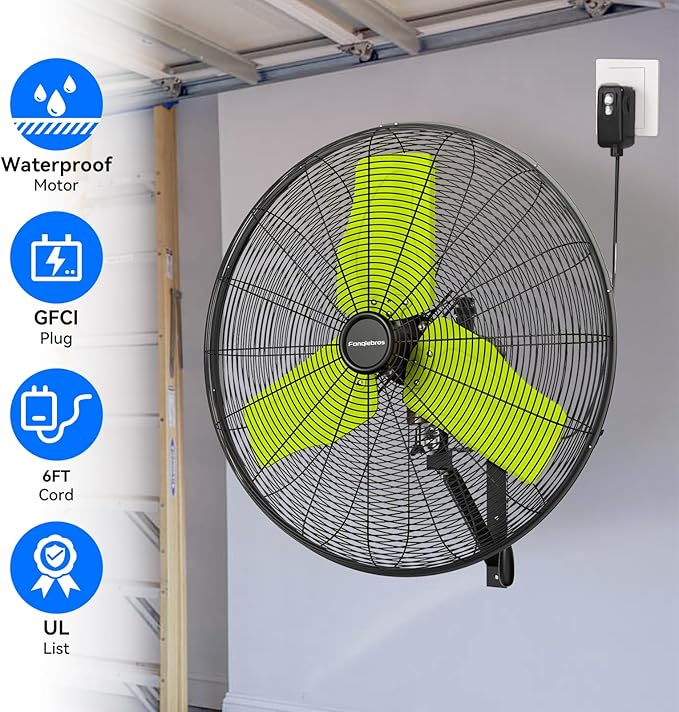 Pro 9500 CFM 24" Outdoor IP44 Waterproof Wall Mount Fan, 3-Speed Oscillating Metal Fans with Enclosure Motor, Heavy Duty Wall Fan for Patio, Warehouse, Garage, and Jobsite