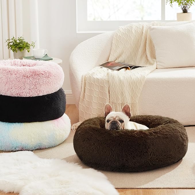 Love's cabin 20in Cat Beds for Indoor Cats - Cat Bed with Machine Washable, Waterproof Bottom - Dark Brown Fluffy Dog Pet Calming Cushion Bed for Joint-Relief and Sleep Improvement