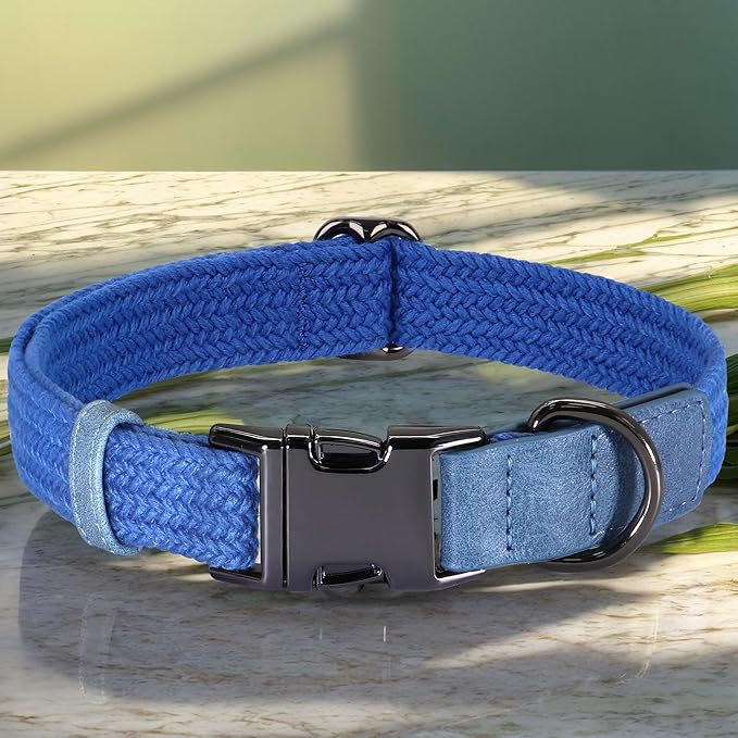 PET ARTIST Soft Cotton Dog Collar for Small Dogs in Tranquil Blue, Simple Dog Collar with Quick Release Metal Buckle & D Ring, S Size (10-16")