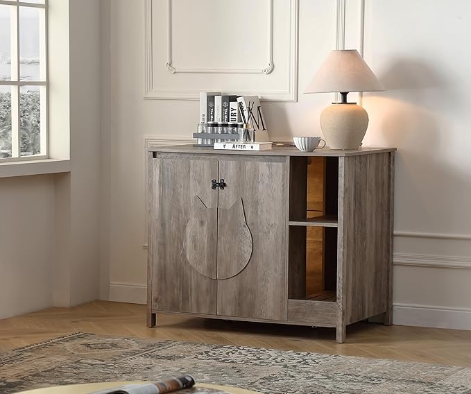 Cat-Faced Doors Cat Litter Robot Enclosure,Automatic Litter Box Enclosure for Litter Robot 3/4,Power Outlet for Litter Robot Cabinet,Litter Collector,Dog-Proof Adjustable Shelf,Grey