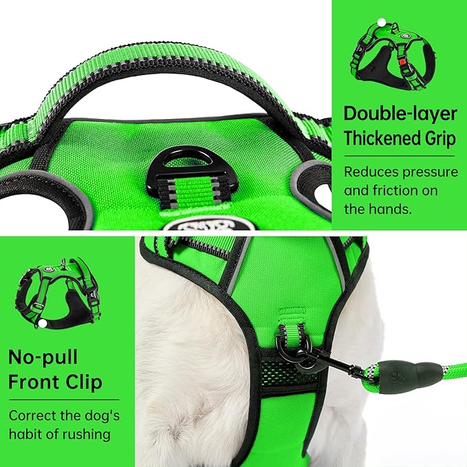 IVY&LANE No Pull Dog Harness for Large Dogs, Dog Vest Harness with Leash, Safety Belt and Storage Strap, Fully Adjustable Harness, 360° Reflective Strip, Soft Handle (Green, L)