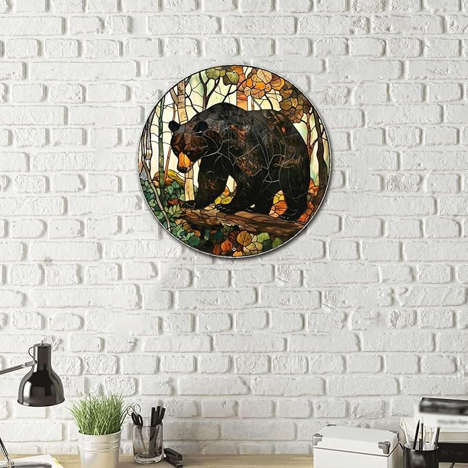 Lygond Metal Sign Tin Sign Circular Stained Glass American Black Bear Gardening Poster for Bar 8×8 Inches