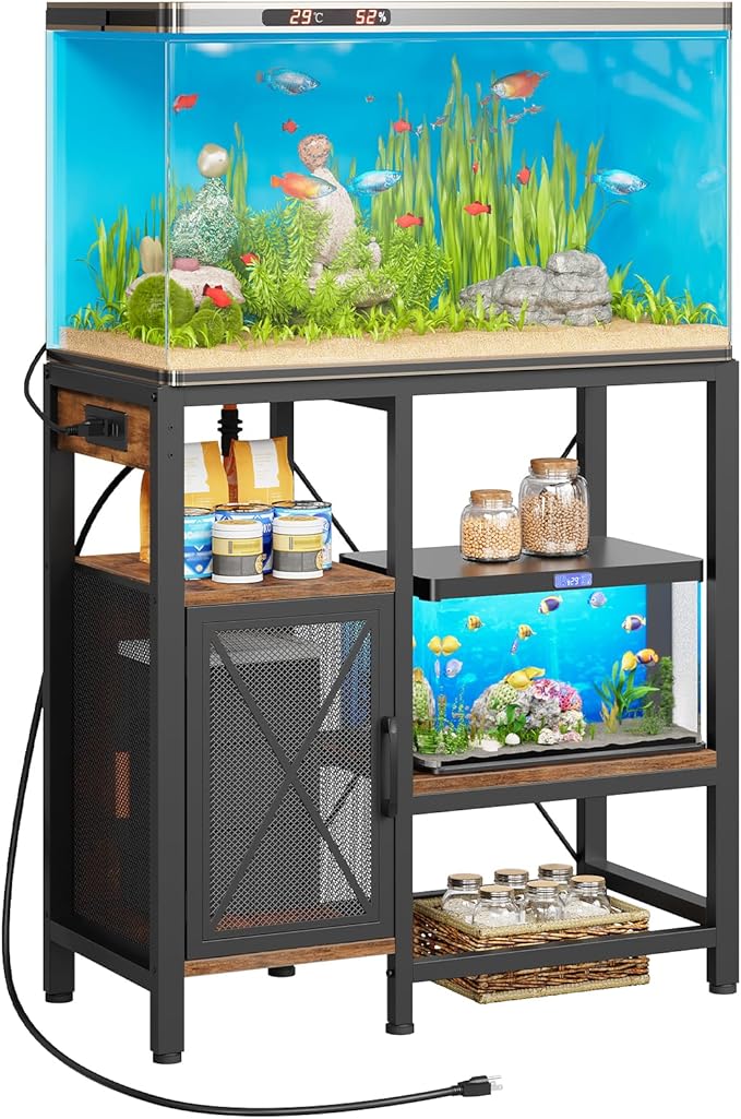 20-37 Gallon Fish Tank Stand, Aquarium Stand with Power Outlet and Storage Cabinet, Heavy Duty Tank Stand Suitable for Turtle Tank, Reptile Terrarium, for Home Office, Rustic Brown FTHR40E01
