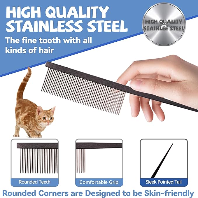 Grooming Pet Comb Rat Tail Dematting Cat and Dog Comb，Rounded Ends Design for Safe Tangle Removal, Hairstyling, Massage，Loose Hair Removal，Prevent Irritation，Fluffing Paws,Face,Tail,Remove Tear Stain