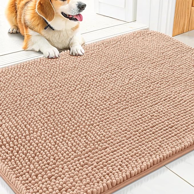 Smiry Dog Door Mat for Muddy Paws 30x20, Absorbs Moisture and Dirt Doormat, Non-Slip Washable Quick Dry Chenille Front Door Mat Indoor Entrance, Entryway Carpet for Inside Floor, Peach
