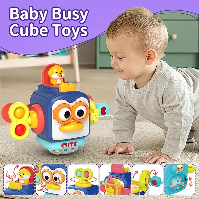 4 in 1 Baby Toys for 6 12 18 Month, Learning Toys for Babies 6-12 Months, Busy Cube, Stacking Sorter, Piano Xylophone Pull String Travel Toy, Birthday Gifts for Toddlers 1 2 Years Old