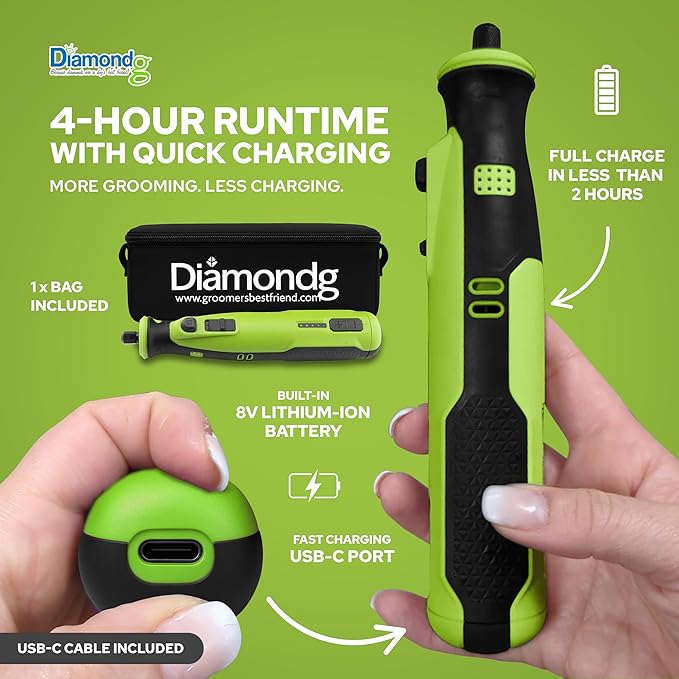 Diamondg Cordless Dog Nail Grinder with Quiet Sound & LED Tip for Large & Small Dogs, 4hrs. Runtime, 2 Bits Included, Green