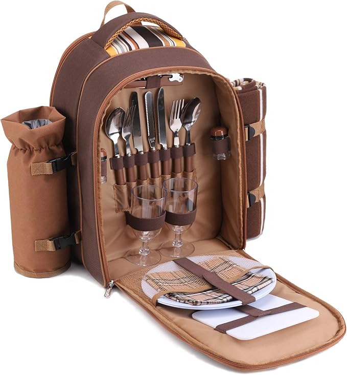 apollo walker Picnic Backpack Bag for 2 Person with Cooler Compartment, Detachable Bottle/Wine Holder, Fleece Blanket, Plates and Cutlery(2 Person, Brown)