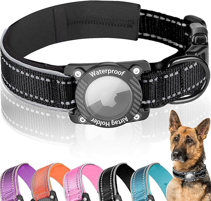 Upgraded AirTag Dog Collar, IP68 Waterproof Dog Collar with Apple Air Tag Holder, Reflective Adjustable Heavy Duty Dog Collars with Soft Padded for Small, Medium and Large Dogs,Black, L