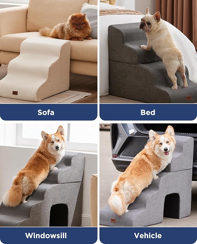 Beige Curved Dog Stairs Ramp for High Beds 28.7" H, 5-Step Dog Steps for Small Dogs and Cats, Pet Stairs for High Bed Climbing, Non-Slip Balanced Pet Step