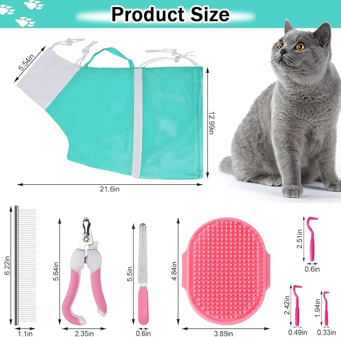 JULMELON Cat Washing Bag 10 PCS Set, Adjustable Cat Shower Net Bag and Pet Grooming Brush with Nail Clipper Nail File Hair Combs Tick Tool Nail Caps for Bathing Nail Trimming Examination(Pink+Green)