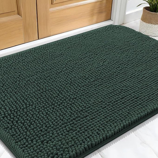 OLANLY Dog Door Mat for Muddy Paws 30x20, Absorbs Moisture and Dirt, Absorbent Non-Slip Washable Doormat, Quick Dry Chenille Mud Mat, Entry Indoor Entryway Carpet for Inside Floor, Blackish Green