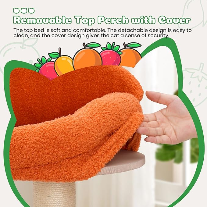 Happy & Polly Cute Cat Tree - 48.4" Fruit World Cat Tower for Indoor Cats, Multi-Level Cat Condo with Sisal Scratching Posts, Private Cave, Plush Strawberry Perches, Perfect Cat Tree Activity Center