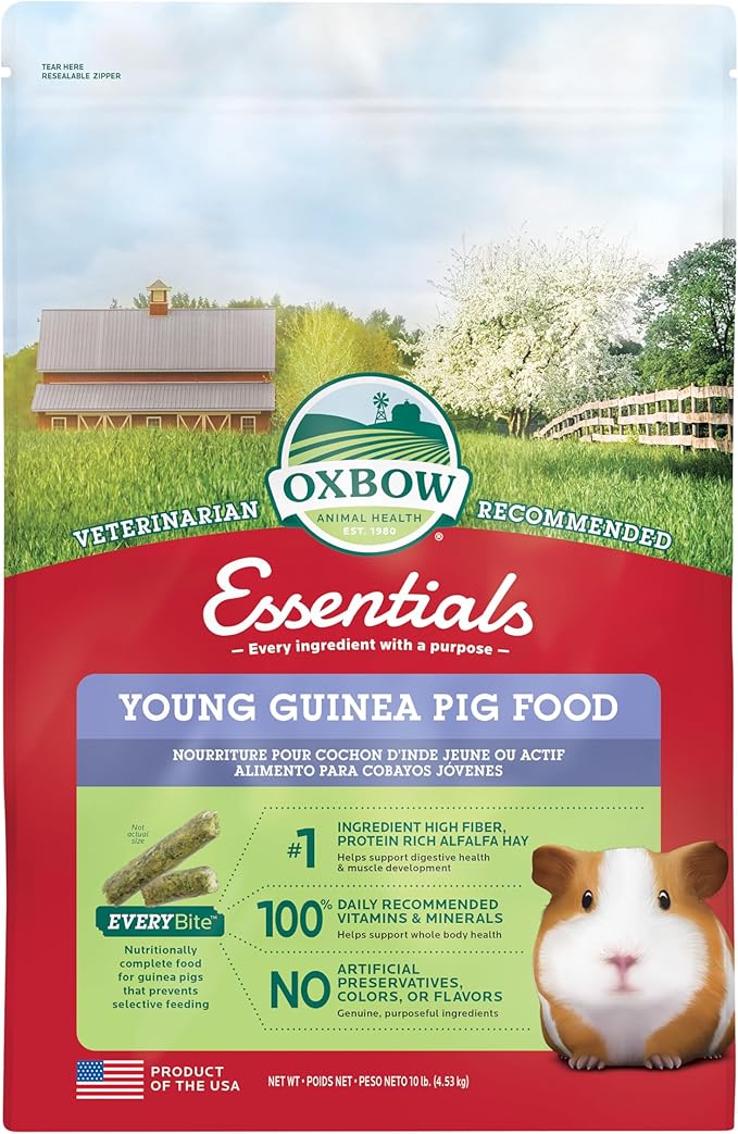 Oxbow Essentials Guinea Pig Food, Young, Made Alfalfa Hay for Guinea Pig, Pet Food Pellets with Vitamin C, Small Animal Pet Products, Made in USA, High Fiber, 10 lb. Bag