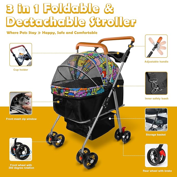 Pet Stroller with Storage Basket and Cup Holder, Folding Dog Jogger, Foldable Cat Stroller, 3 in 1 Puppy Kitten Cart, Pet Jogger for Medium Dog Cat (Magic Black)
