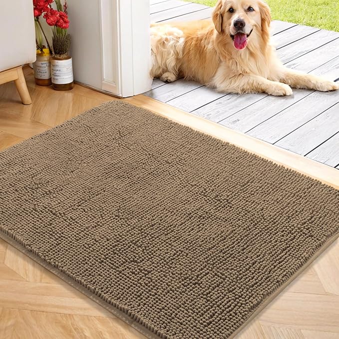 OLANLY Dog Door Mat for Muddy Paws 40x32, Absorbs Moisture and Dirt, Absorbent Non-Slip Washable Doormat, Quick Dry Chenille Mud Mat for Dogs, Entry Indoor Entryway Carpet for Inside Floor, Tan