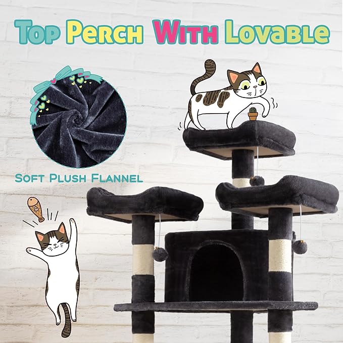 SHA CERLIN 73in Fan-Shaped Corner Cat Tower for Save Space/Multi-Level Tall Cat Tree for Indoor Kitties/Condo with Baskets/Cozy Perches/Sisal Scratching Posts/Pet Activity House/Dark Grey