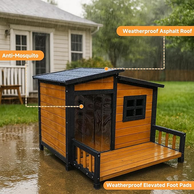 Large Indoor Outdoor Dog House,Wood Insulated Dog House,Weatherproof Outside Shelter with Elevated Floor,Easy to Assemble(39.3" L x 37.5" W x 30" H)