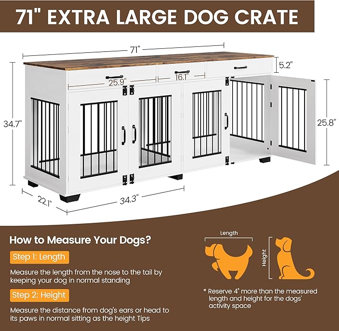 71 Inch Dog Crate Furniture for 2 Rooms, Wooden Double Crate Large Breed with Door, Dog Kennel Indoor, TV Stand End Table with Divider for Large Medium Dogs,White/Brown