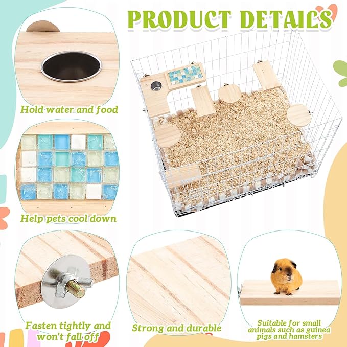 Set of 9 Wooden Hamster Cage Platform Chinchilla Ledges and L Shaped Round Hole Rat Cage Accessories with Cooling Standing Board Food Cup for Squirrel Gerbil Guinea Pig Small Animal