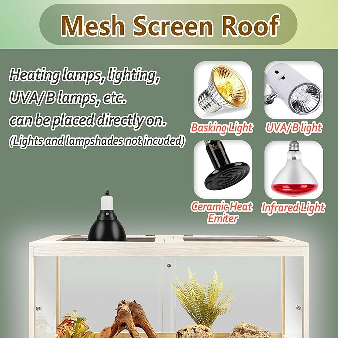 PROLEE Tempered Glass Bearded Dragon Tank,32 Gallon Reptile Tank with Meatl Mesh Roof and Front Sliding Door, Anti-Scratch Lizard Tank,Spacious Reptile Enclosure for Snakes,Lguanas, Chameleons (Oak)