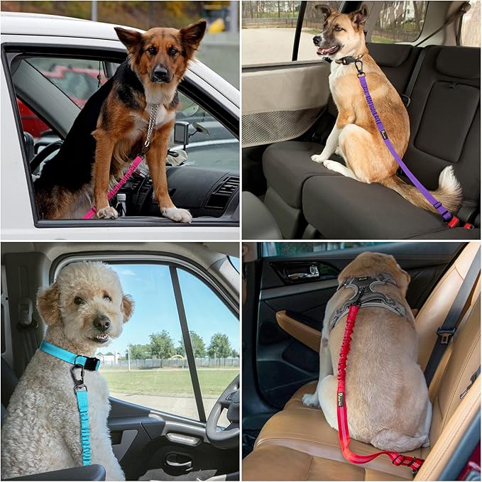 Plutus Pet Dog Seat Belt for Car, Adjustable Dog Car Harness with Carabiner Clip, Reflective Safety Dog Seatbelt Leash with Elastic Bungee, Beige