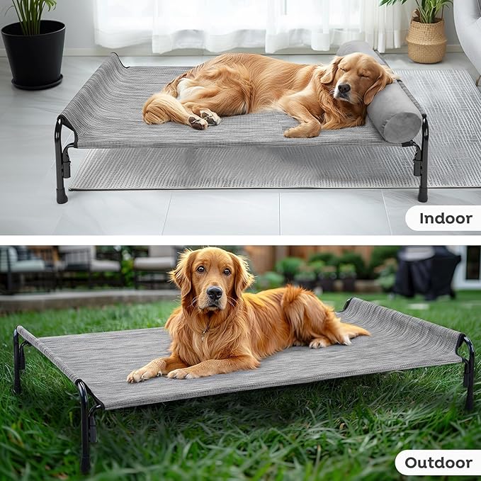 Veehoo Medium Elevated Dog Bed, Outdoor Raised Dog Cot Hammock Bed with One-Sided Removable Headrest Bolster, Cooling Breathable Washable Teslin Mesh, Off Ground, Anti-Slip, M, CWC2204BCP