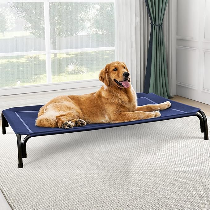 Elevated Dog Bed, Raised Outdoor Dog Bed for Large Sized Dogs, Portable Cooling Pet Cot with Breathable & Washable Mesh, Indoor & Outdoor Pet Hammock with Skid-Resistant Feet.