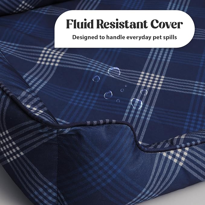 Orthopedic Bolster Dog Bed – CertiPUR-US Foam, Recycled Polyester Canvas, Washable Cover, Anti-Slip Bottom, Medium, Navy Plaid – Stylish Designer Dog Sofa