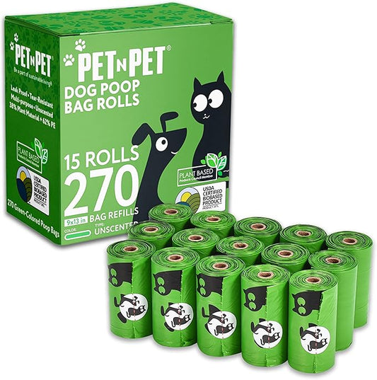 Pet N Pet 270 Counts Green Poop Bags for Dogs, 38% Plant Based & 62% PE Extra Thick Dog Poop Bags Rolls, 9" x 13", Unscented Dog Waste Bag, Pet Supplies for Dogs