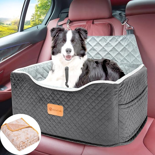 Memory Foam Booster Dog Car Seat for Medium Dogs (Under 45LBS): Elevated, Detachable Washable, Anti-Slip, for Car Back Seat, Travel Pet Bed with Seat Belt
