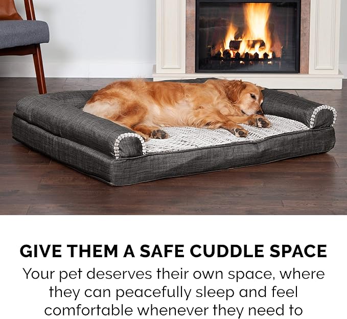 Furhaven Cooling Gel Dog Bed for Large/Medium Dogs w/ Removable Bolsters & Washable Cover, For Dogs Up to 55 lbs - Luxe Faux Fur & Performance Linen Sofa - Charcoal, Large