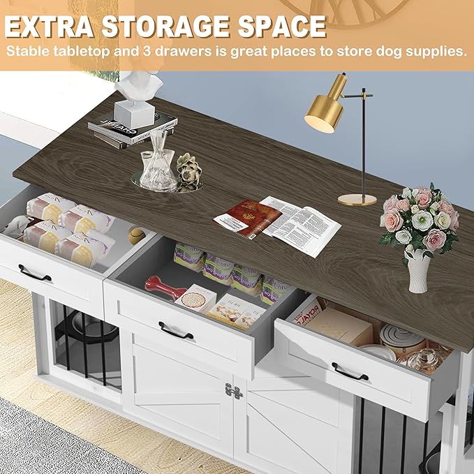 RQZ 65" Double Dog Crate Furniture for 2 Dogs Heavy Duty Wood Dog Cage Table with 3 Storage Drawers and 4 Stainless Steel Bowls Dog Kennel Indoor for Medium Large Dogs