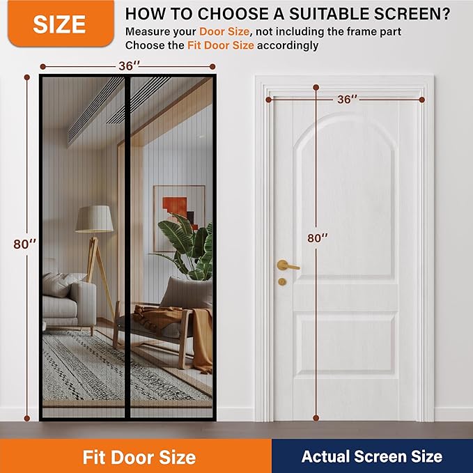 Magnetic Screen Door, Keep Bugs Out, Pet & Kid Friendly，Works with Front Doors, Sliding Doors,Fit Door Size 34 x 78 Inches ‎Black