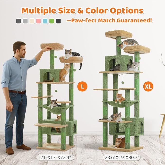 PAWZ Road Heavy Duty Cat Tree for Large Cats, 81 Inches Cactus Tall Cat Tower with 2 Perches, 2 Condos and Spacious Hammock, XL Extra Large Condo with 7 Scratching Posts for 20lb+ Adult Cats, Green