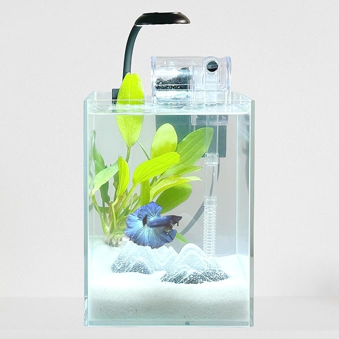 Nano Aquarium Kit,1.5 Gallon Rimless Small Glass Tank with Filter, Aquarium Light, and Aquascaping Decorations, for Home and Office (Transparent Tank - Mountain, Small)
