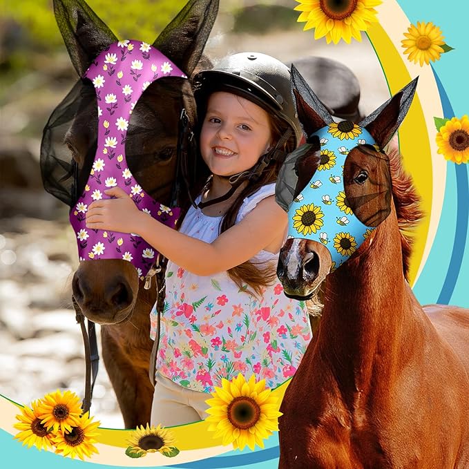 Frienda 4 Pieces Horse Fly Masks with Ears Face Covering UV Protection from Insect Pests Elasticity Smooth Comfortable Mesh Horse Mask Accessories(Flower,Large)
