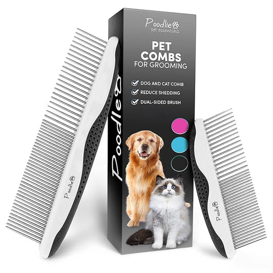 Poodle Pet Dog Combs for Grooming | 2 Pack | Stainless Steel Teeth Easily Remove Dirt | Proper Care Prevents Knots and Mats for Long and Short Haired Pets | Anti-Slip Comfort Grip Handle (Black)