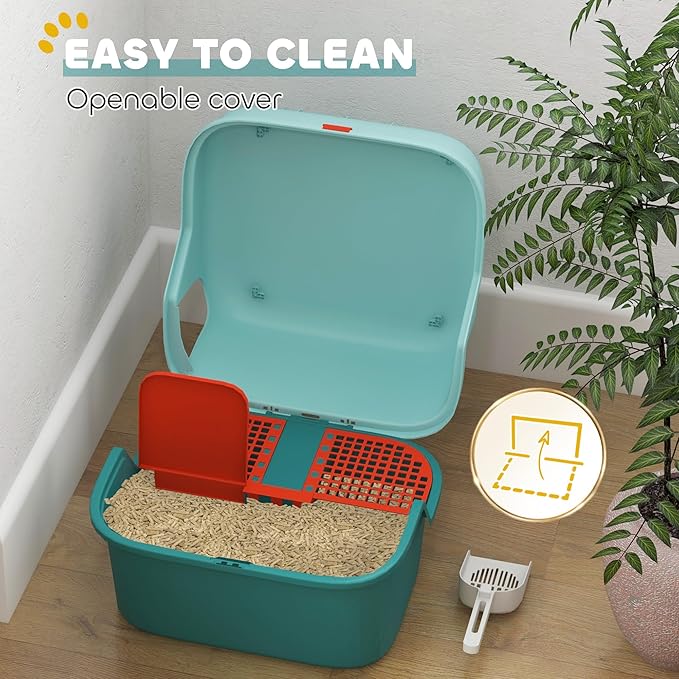 PawHut Cat Litter Box with Lid, Covered Kitty Litter Box Enclosure with Scoop, Openable & Lockable Cover, Easy to Clean, Green