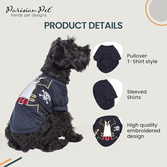 Parisian Pet Captain Sparrow Dog Shirt - Embroidered Pirate Costume - 100% Cotton & Polyester - Sleeved Black Dog Shirt - XL Pet Costume