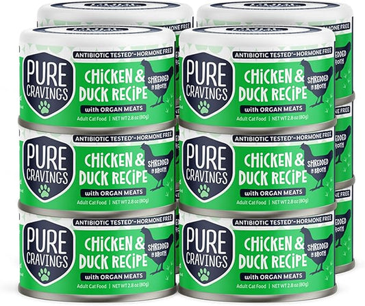 Chicken and Duck Recipe in Broth, Shredded Wet Cat Food, Grain-Free Protein, Non-GMO, 12 Pack