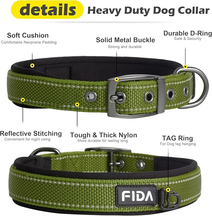 Fida Heavy Duty Dog Collar for Large Dogs, Ultra Comfortable Soft Neoprene Padded, Adjustable Reflective Nylon Pet Collar with Durable Metal Belt Buckle for Large Breeds (L, Green)