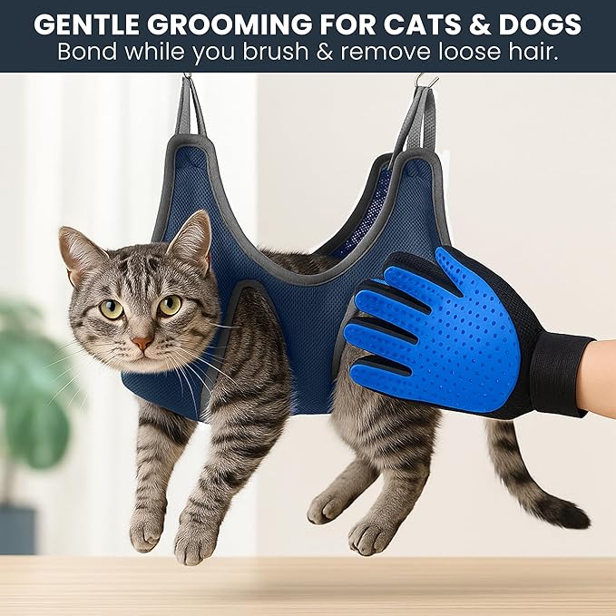 Grooming Hammock Kit for Dogs & Cats, Includes Hammock Harness, Nail Clippers, Nail File, Grooming Glove, Dematting Comb, S-Hooks, Carabiners & Storage Bag for Easy Home Grooming small (75×49) cm