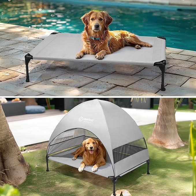 Veehoo Outdoor Dog Bed with Canopy, Cooling Elevated Pet Cot with Removable Shade, Non-Slip Feet, Raised Dog Cot for Large Dogs, Pet Tent Bed for Camping, Beach, Large, Grey, CWC2411